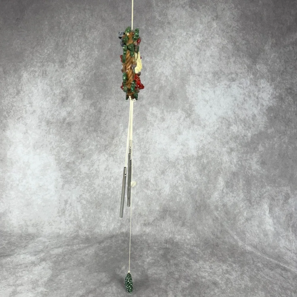 Vtg Christmas Angel Wind Chime Wreath Holly Berries Silver Metal Tubes Ornament